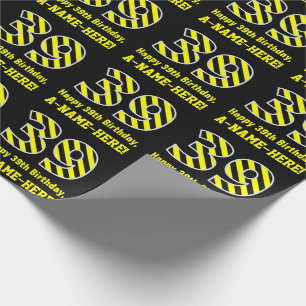 Papier Cadeau Noir et jaune rayé "39"; 39e anniversaire + nom