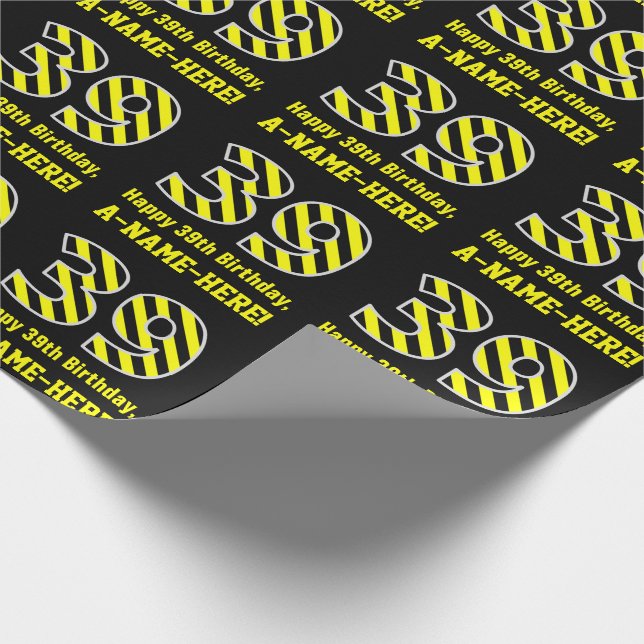 Papier Cadeau Noir et Jaune rayé "39"; 39e anniversaire + nom (Coin)