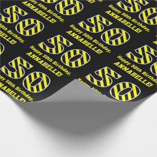 Papier Cadeau Noir et jaune rayé "50"; 50e anniversaire + nom