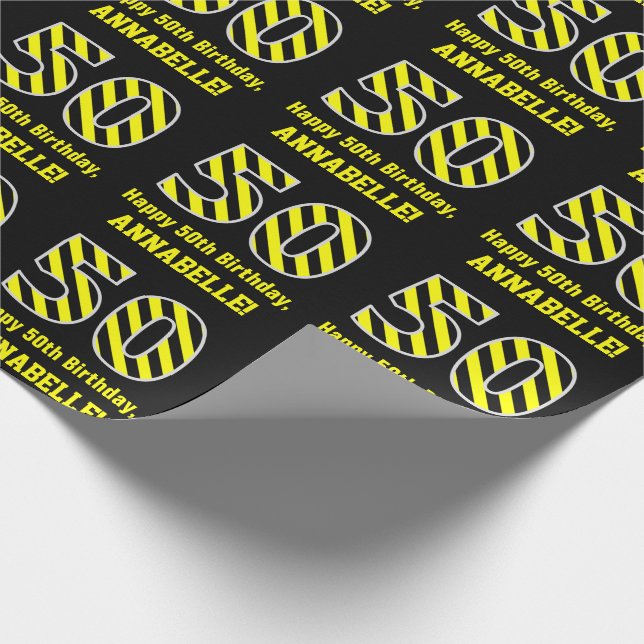 Papier Cadeau Noir et jaune rayé "50"; 50e anniversaire + nom (Coin)