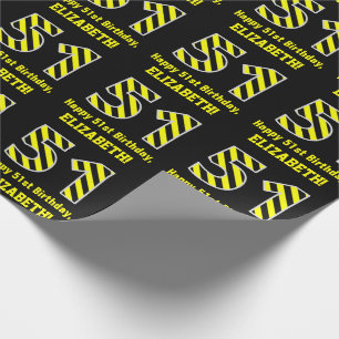 Papier Cadeau Noir et jaune rayé "51"; 51e anniversaire + nom