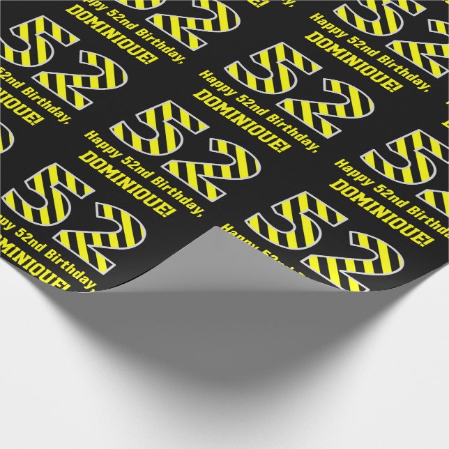 Papier Cadeau Noir et jaune rayé "52"; 52e anniversaire + nom (Coin)