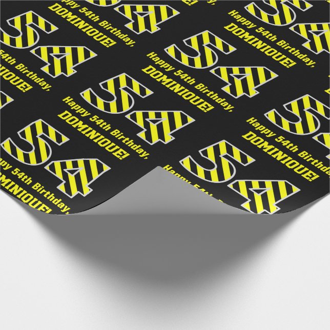 Papier Cadeau Noir et jaune rayé "54"; 54e anniversaire + nom (Coin)