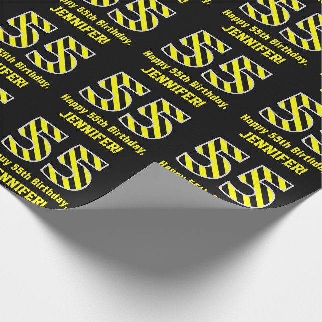 Papier Cadeau Noir et jaune rayé "55"; 55e anniversaire + nom (Coin)