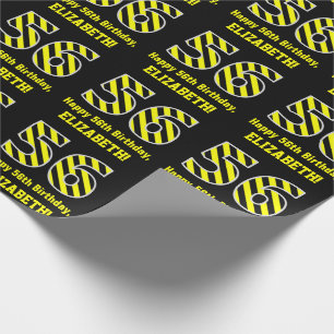 Papier Cadeau Noir et jaune rayé "56"; 56e anniversaire + nom