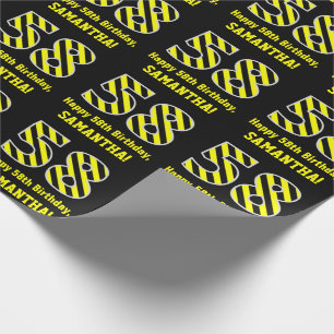 Papier Cadeau Noir et jaune rayé "58"; 58e anniversaire + nom