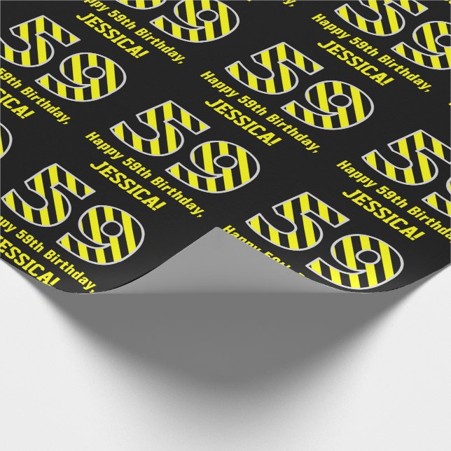 Papier Cadeau Noir et jaune rayé "59"; 59e anniversaire + nom (Coin)