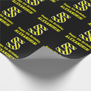 Papier Cadeau Noir et Jaune rayé "5"; 5e anniversaire + nom