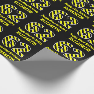 Papier Cadeau Noir et jaune rayé "62"; 62e anniversaire + nom