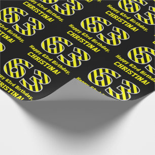 Papier Cadeau Noir et jaune rayé "63"; 63e anniversaire + nom
