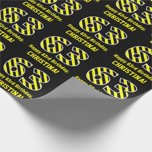Papier Cadeau Noir et jaune rayé "63"; 63e anniversaire + nom (Coin)
