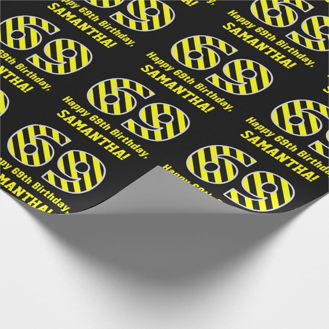 Papier Cadeau Noir et jaune rayé "69"; 69e anniversaire + nom (Coin)