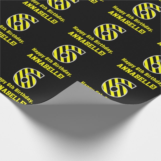 Papier Cadeau Noir et Jaune rayé "6"; 6e anniversaire + nom (Coin)