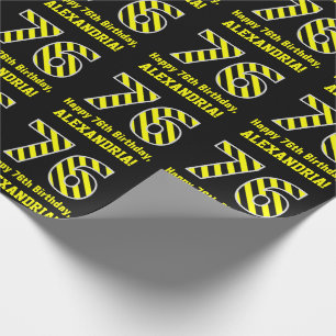Papier Cadeau Noir et jaune rayé "76"; 76e anniversaire + nom