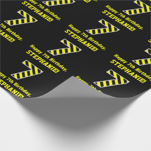 Papier Cadeau Noir et Jaune rayé "7"; 7e anniversaire + nom