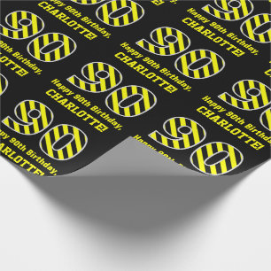 Papier Cadeau Noir et jaune rayé "90"; 90e anniversaire + nom