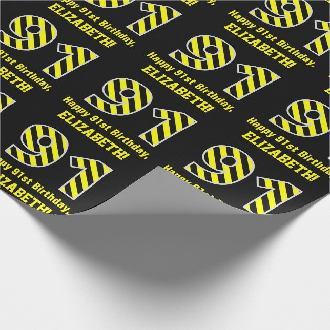 Papier Cadeau Noir et jaune rayé "91"; 91e anniversaire + nom (Coin)