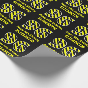 Papier Cadeau Noir et jaune rayé "96"; 96e anniversaire + nom