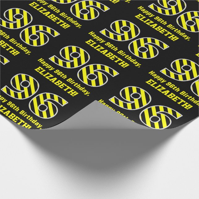 Papier Cadeau Noir et jaune rayé "96"; 96e anniversaire + nom (Coin)