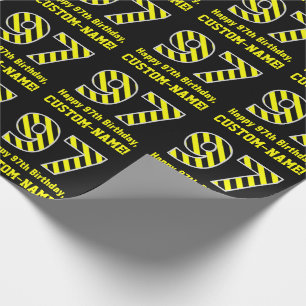 Papier Cadeau Noir et jaune rayé "97"; 97e anniversaire + nom