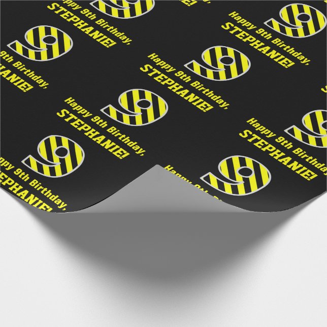 Papier Cadeau Noir et Jaune rayé "9"; 9e anniversaire + nom (Coin)