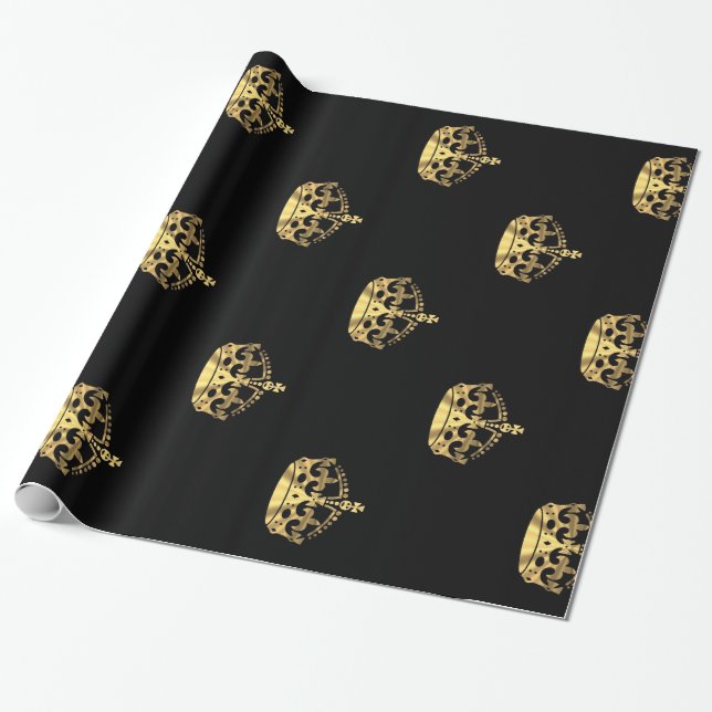 Papier Cadeau Noir et motif de couronne d'or (Déroulé)