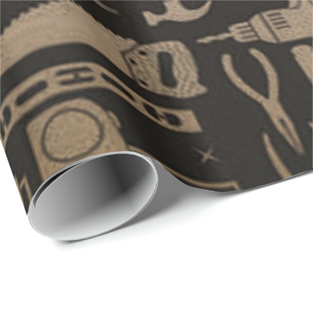 Papier Cadeau Noir et outils d'atelier d'or (Coin rond)