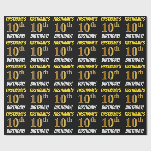 Papier Cadeau Noir, Faux/Imitation Or, "10e ANNIVERSAIRE" (Plat)