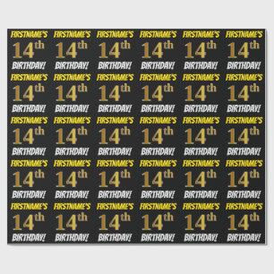 Papier Cadeau Noir, Faux/Imitation Or, "14e anniversaire"