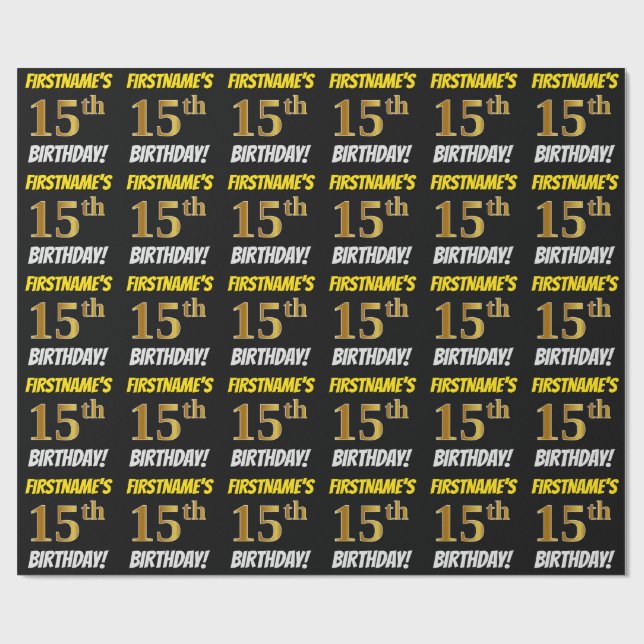 Papier Cadeau Noir, Faux/Imitation Or, "15e anniversaire" (Plat)