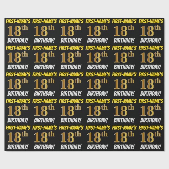 Papier Cadeau Noir, Faux/Imitation Or, "18e ANNIVERSAIRE" (Plat)