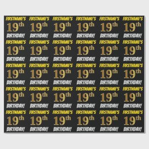 Papier Cadeau Noir, Faux/Imitation Or, "19e ANNIVERSAIRE"
