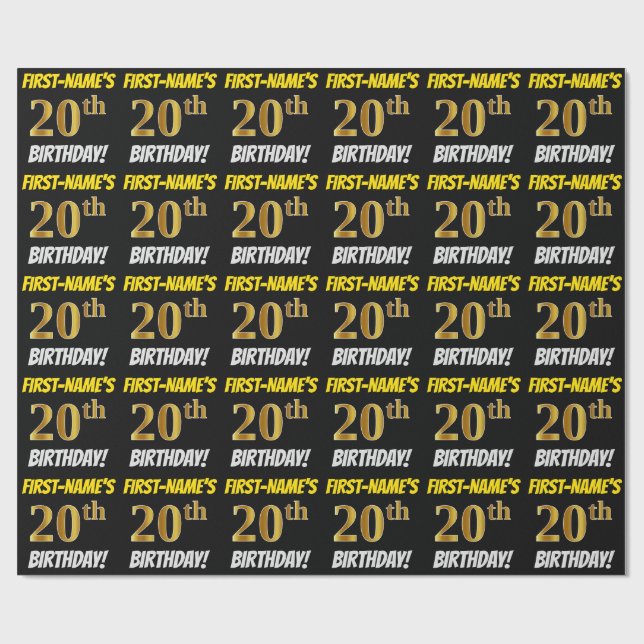 Papier Cadeau Noir, Faux/Imitation Or, "20e ANNIVERSAIRE" (Plat)