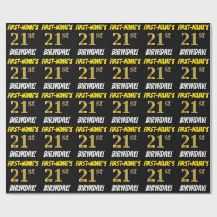 Papier Cadeau Noir, Faux/Imitation Or, "21e ANNIVERSAIRE"