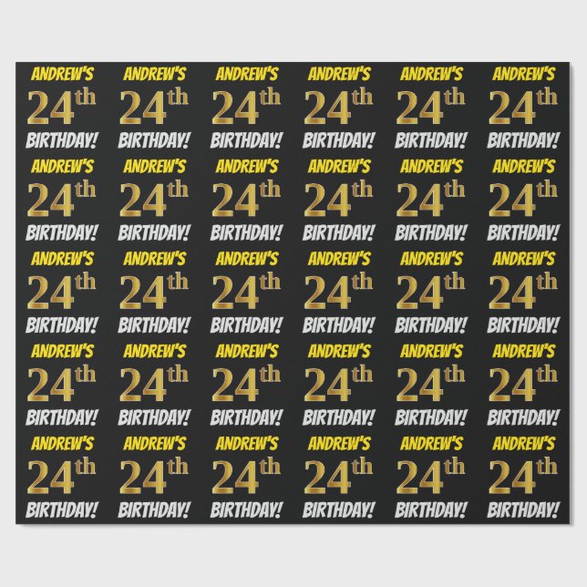 Papier Cadeau Noir, Faux/Imitation Or, "24e anniversaire" (Plat)