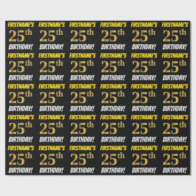 Papier Cadeau Noir, Faux/Imitation Or, "25e anniversaire" (Plat)