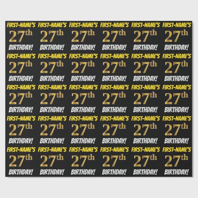 Papier Cadeau Noir, Faux/Imitation Or, "27e anniversaire" (Plat)