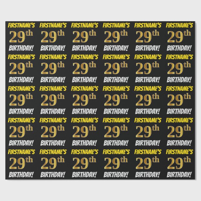 Papier Cadeau Noir, Faux/Imitation Or, "29e ANNIVERSAIRE" (Plat)