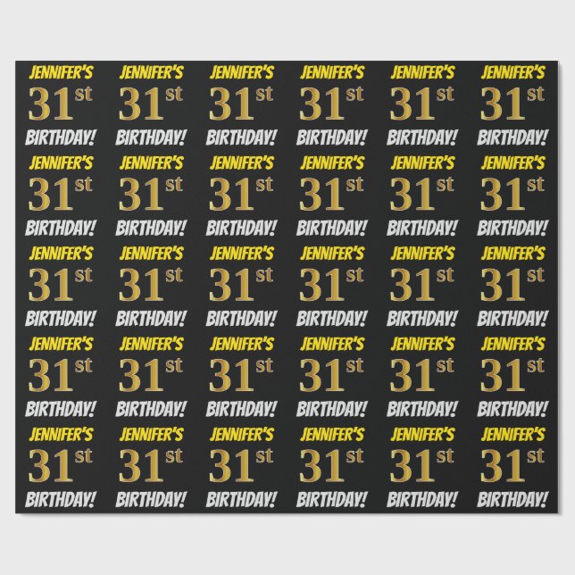 Papier Cadeau Noir, Faux/Imitation Or, "31e ANNIVERSAIRE" (Plat)