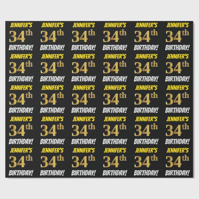 Papier Cadeau Noir, Faux/Imitation Or, "34e anniversaire" (Plat)