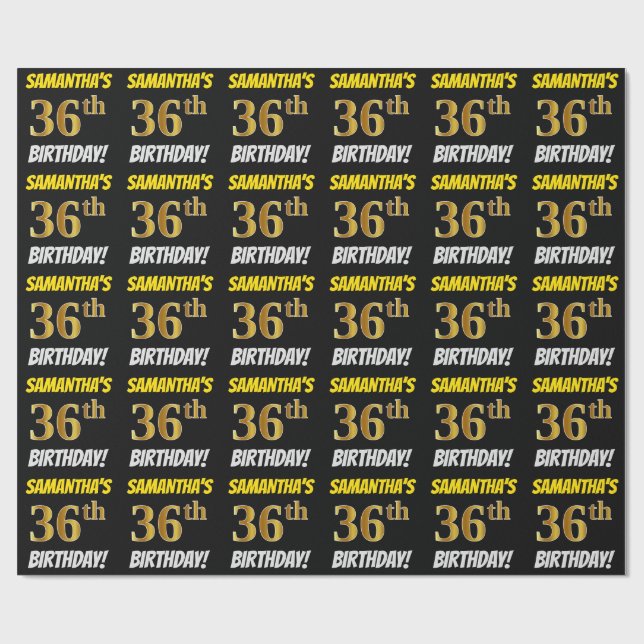 Papier Cadeau Noir, Faux/Imitation Or, "36e anniversaire" (Plat)