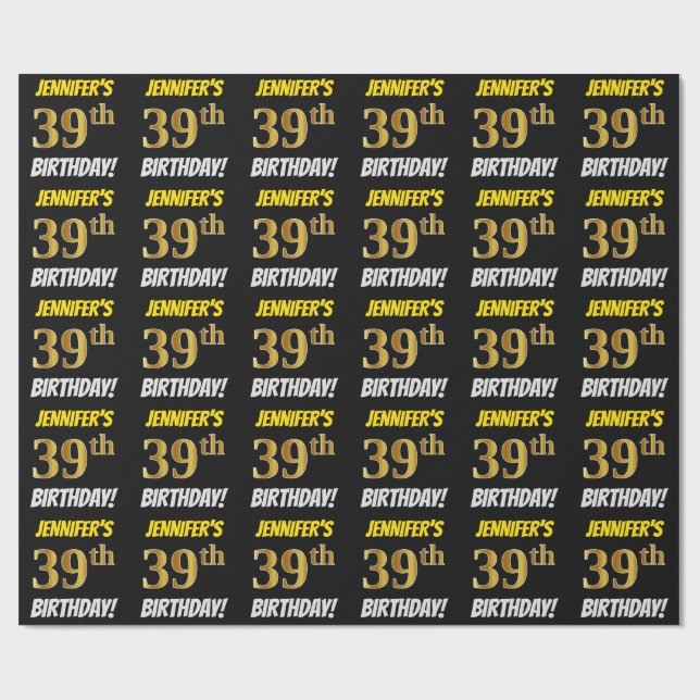 Papier Cadeau Noir, Faux/Imitation Or, "39e ANNIVERSAIRE" (Plat)