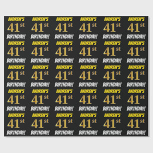 Papier Cadeau Noir, Faux/Imitation Or, "41e ANNIVERSAIRE"