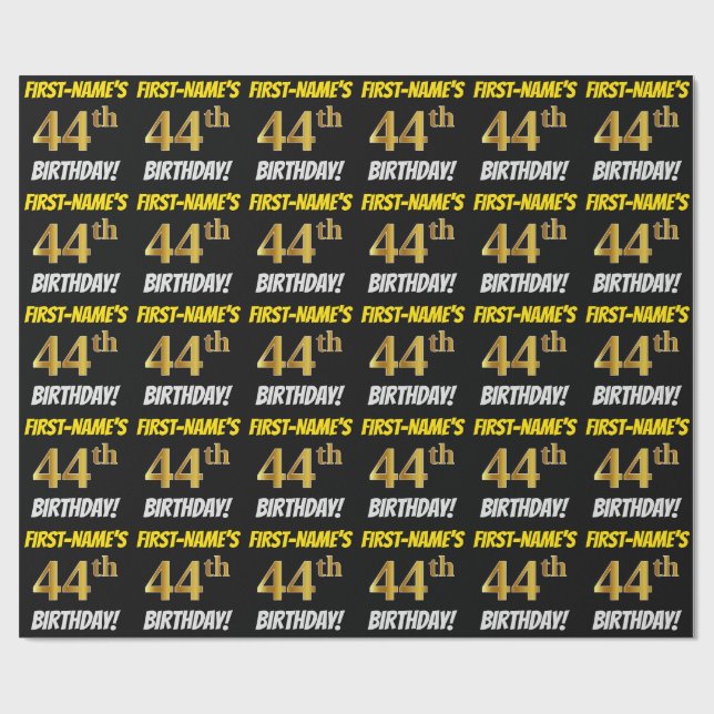Papier Cadeau Noir, Faux/Imitation Or, "44e anniversaire" (Plat)
