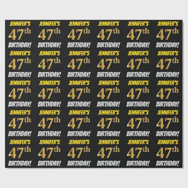 Papier Cadeau Noir, Faux/Imitation Or, "47e anniversaire" (Plat)