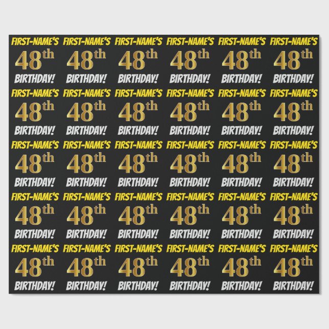 Papier Cadeau Noir, Faux/Imitation Or, "48e ANNIVERSAIRE" (Plat)