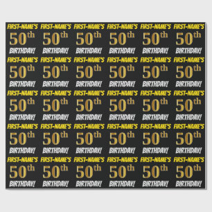 Papier Cadeau Noir, Faux/Imitation Or, "50e ANNIVERSAIRE"
