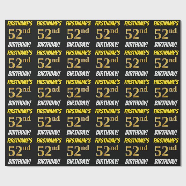 Papier Cadeau Noir, Faux/Imitation Or, "52e anniversaire" (Plat)