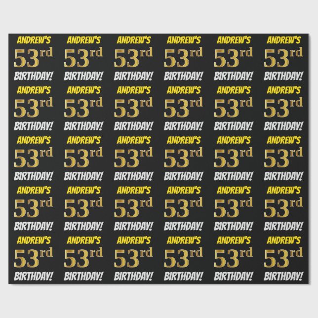 Papier Cadeau Noir, Faux/Imitation Or, "53e anniversaire" (Plat)