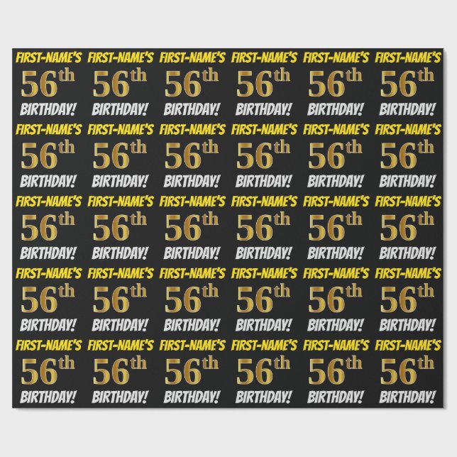 Papier Cadeau Noir, Faux/Imitation Or, "56e anniversaire" (Plat)